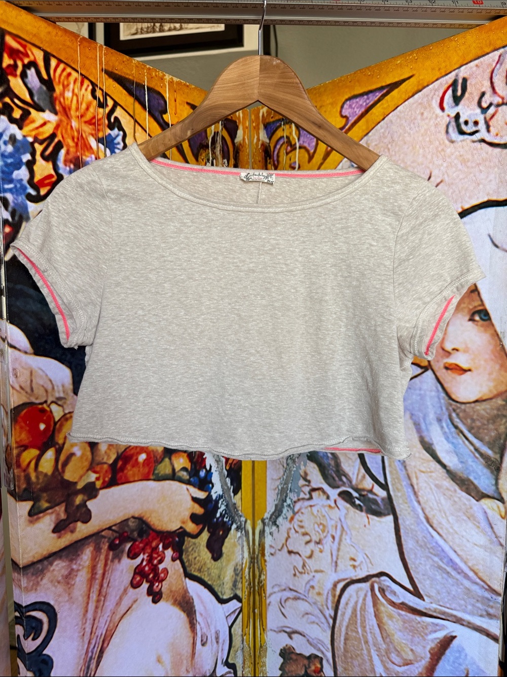 Free People Cream Cropped Tee with Pink Trim